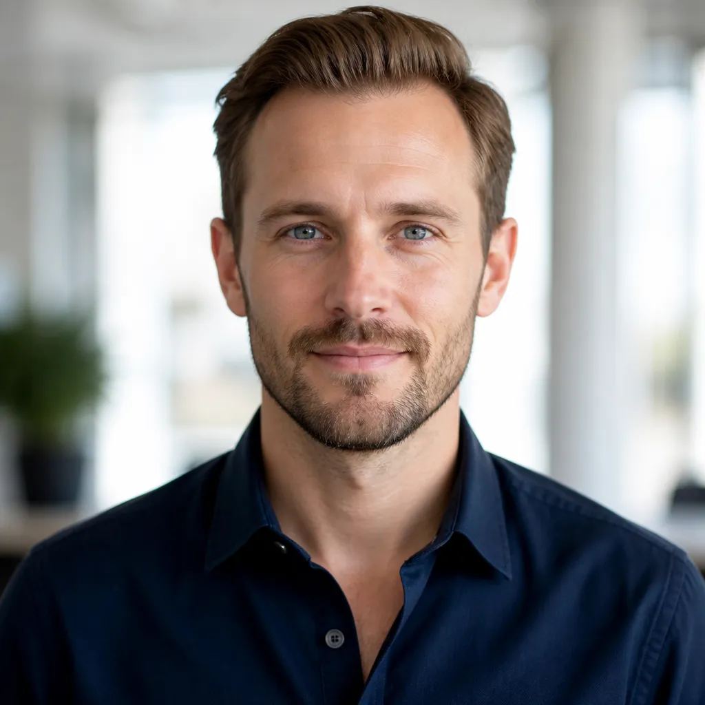 Professional author portrait with a trustworthy and approachable appearance, suitable for an editorial website.